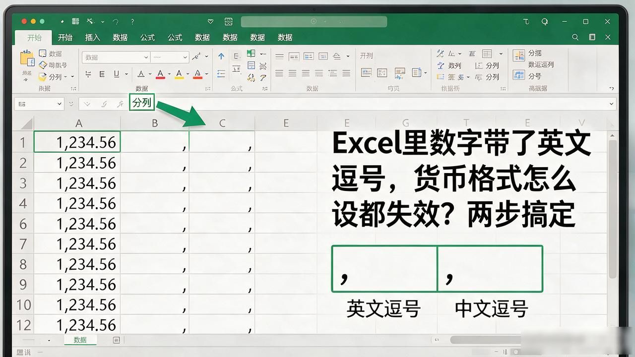 Excel里数字带了英文逗号，货币格式怎么设都失效？两步搞定